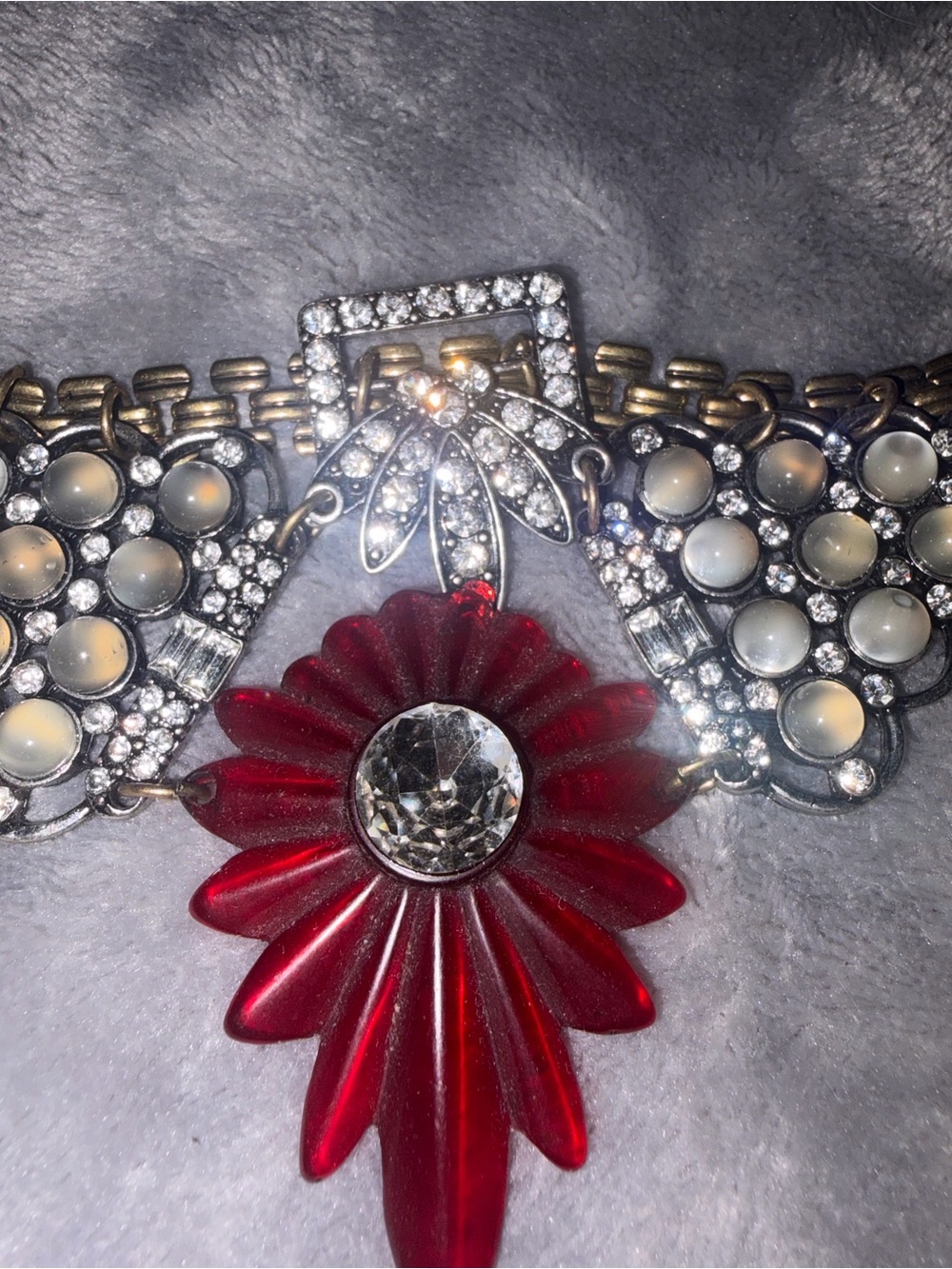 Olivia Welles Gold Tone Rhinestone Statement Necklace Red Flower Bib